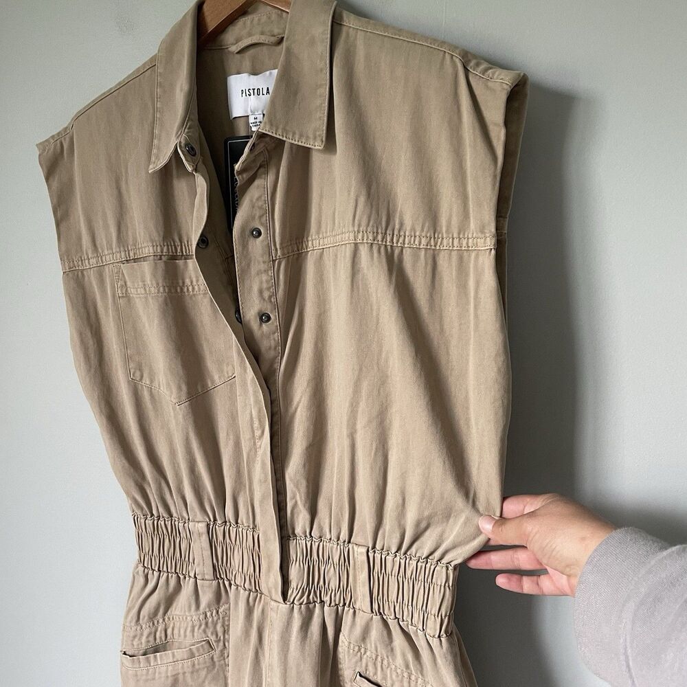 Pistola Rosie Utility Jumpsuit 100% Cotton Padded Shoulder Sesame Women's Medium - Picture 4 of 16